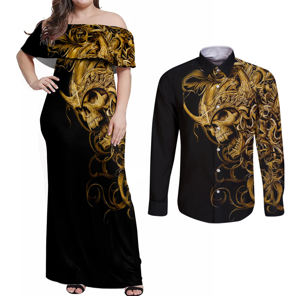 Skull Couples Matching Off Shoulder Maxi Dress and Long Sleeve Button Shirts Golden Warrior Royal - Wonder Print Shop