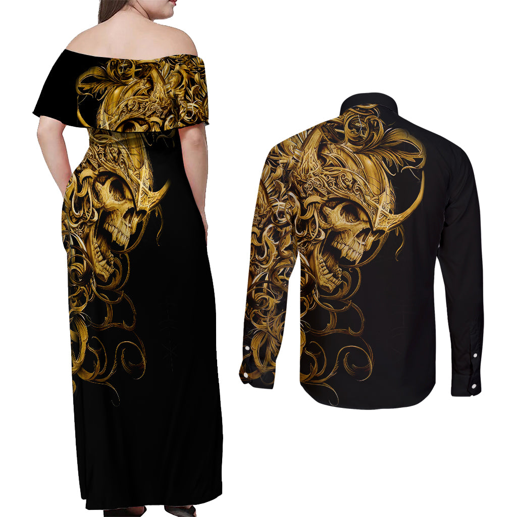 Skull Couples Matching Off Shoulder Maxi Dress and Long Sleeve Button Shirts Golden Warrior Royal - Wonder Print Shop