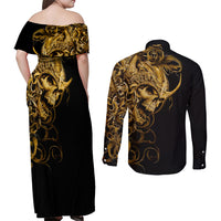 Skull Couples Matching Off Shoulder Maxi Dress and Long Sleeve Button Shirts Golden Warrior Royal - Wonder Print Shop