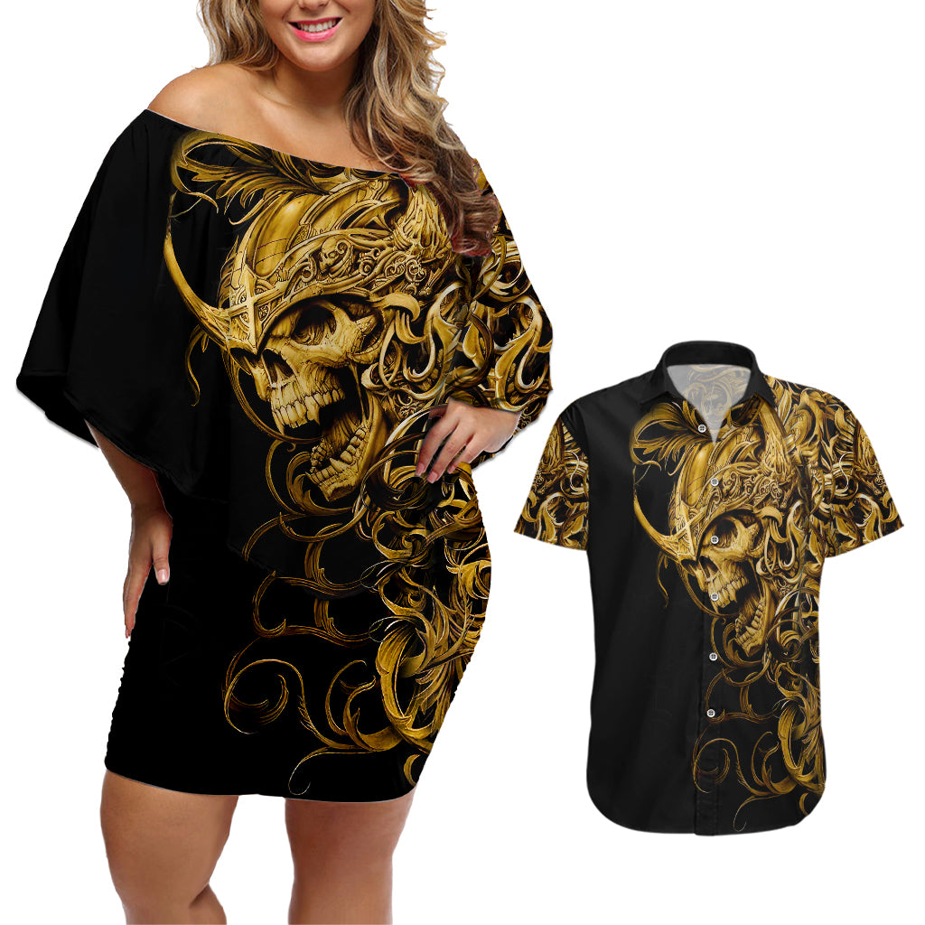 Skull Couples Matching Off Shoulder Short Dress and Hawaiian Shirt Golden Warrior Royal - Wonder Print Shop