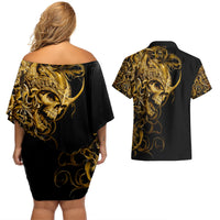 Skull Couples Matching Off Shoulder Short Dress and Hawaiian Shirt Golden Warrior Royal - Wonder Print Shop