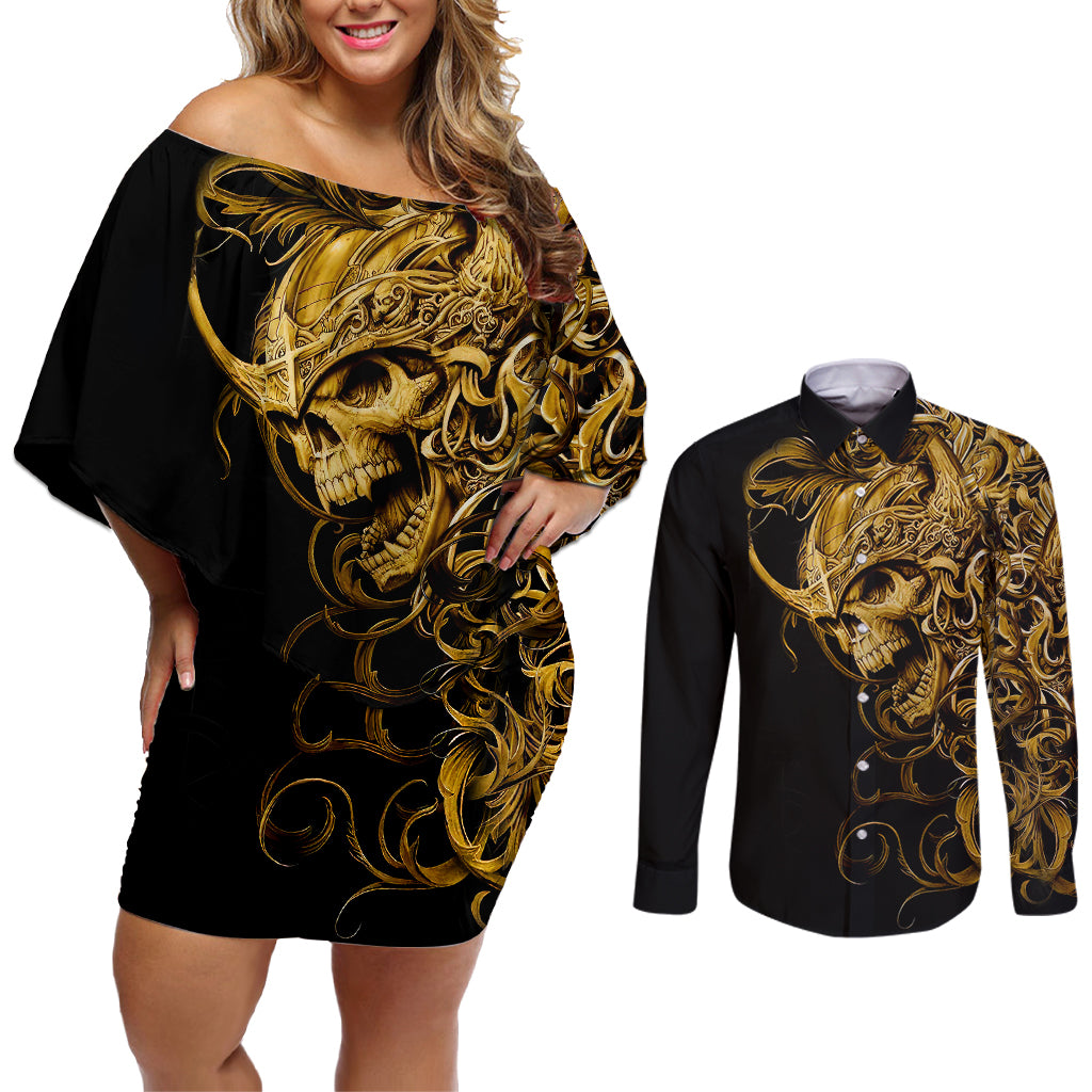 Skull Couples Matching Off Shoulder Short Dress and Long Sleeve Button Shirts Golden Warrior Royal - Wonder Print Shop