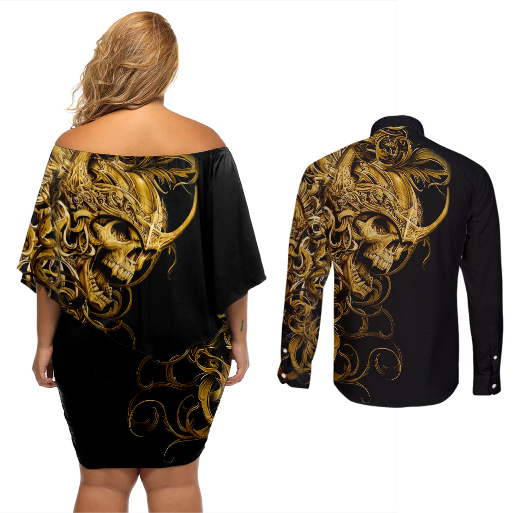 Skull Couples Matching Off Shoulder Short Dress and Long Sleeve Button Shirts Golden Warrior Royal - Wonder Print Shop