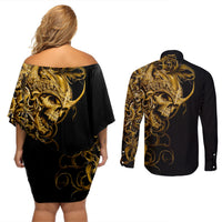 Skull Couples Matching Off Shoulder Short Dress and Long Sleeve Button Shirts Golden Warrior Royal - Wonder Print Shop