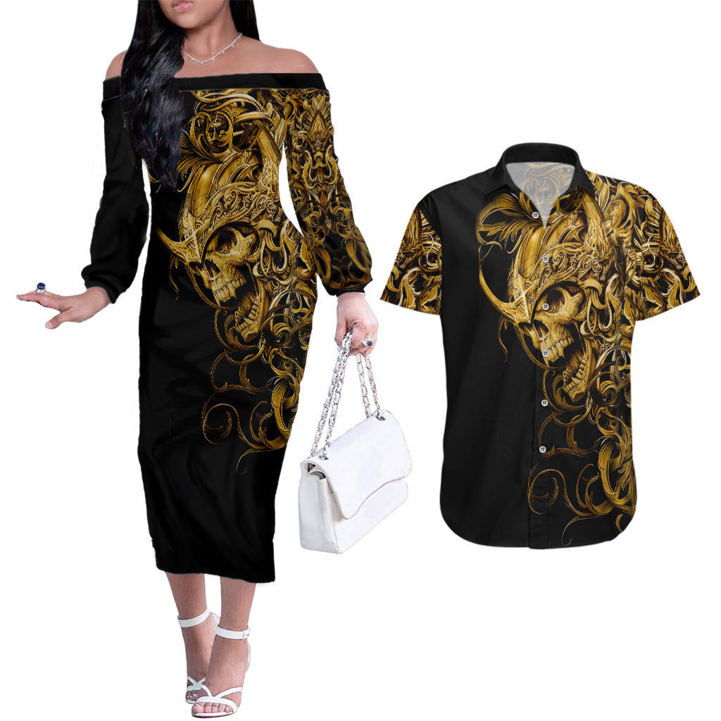 Skull Couples Matching Off The Shoulder Long Sleeve Dress and Hawaiian Shirt Golden Warrior Royal - Wonder Print Shop