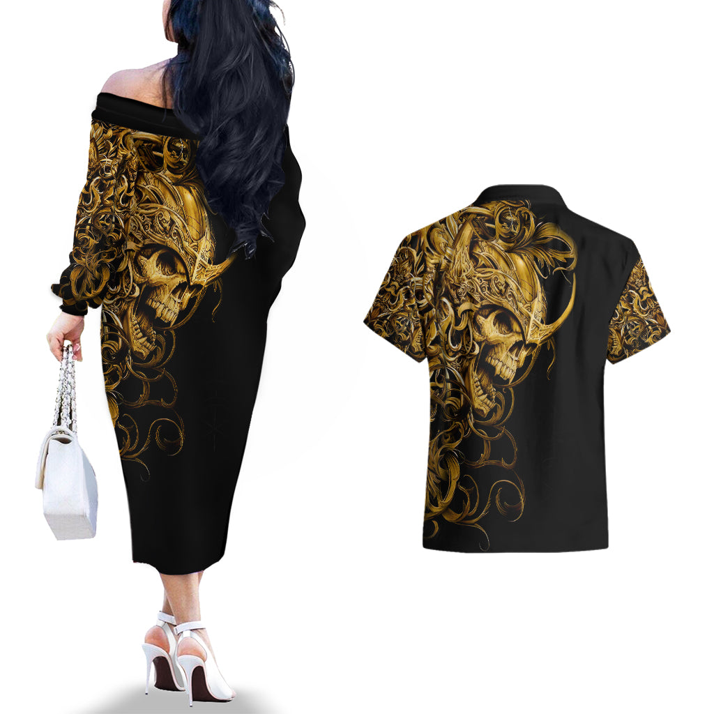 Skull Couples Matching Off The Shoulder Long Sleeve Dress and Hawaiian Shirt Golden Warrior Royal - Wonder Print Shop