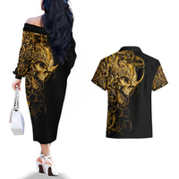 Skull Couples Matching Off The Shoulder Long Sleeve Dress and Hawaiian Shirt Golden Warrior Royal - Wonder Print Shop