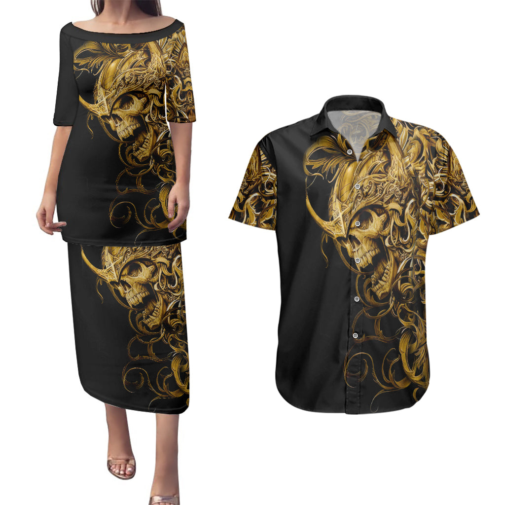 Skull Couples Matching Puletasi Dress and Hawaiian Shirt Golden Warrior Royal - Wonder Print Shop