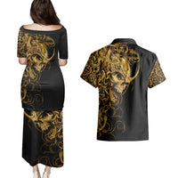 Skull Couples Matching Puletasi Dress and Hawaiian Shirt Golden Warrior Royal - Wonder Print Shop