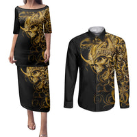 Skull Couples Matching Puletasi Dress and Long Sleeve Button Shirts Golden Warrior Royal - Wonder Print Shop