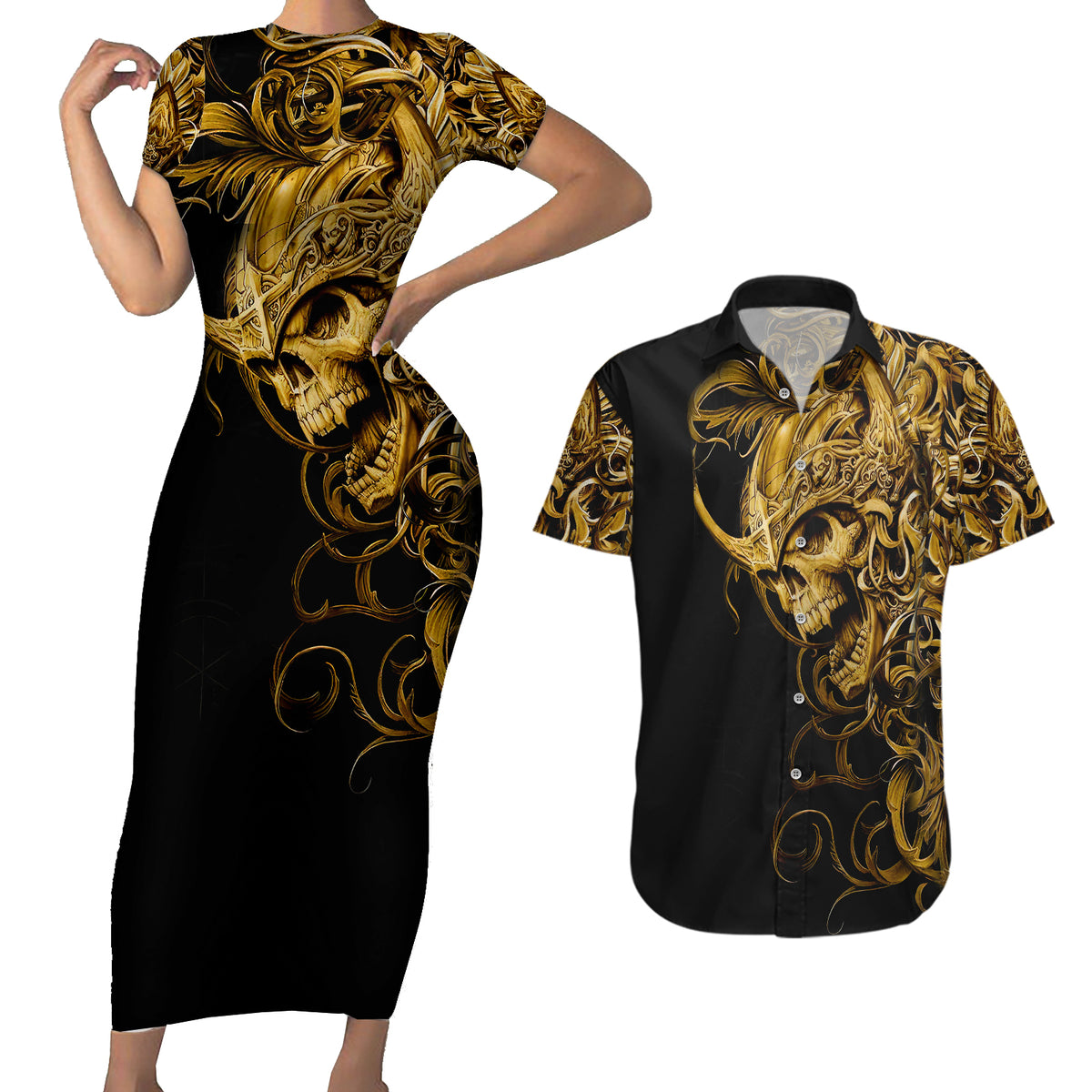 Skull Couples Matching Short Sleeve Bodycon Dress and Hawaiian Shirt Golden Warrior Royal - Wonder Print Shop