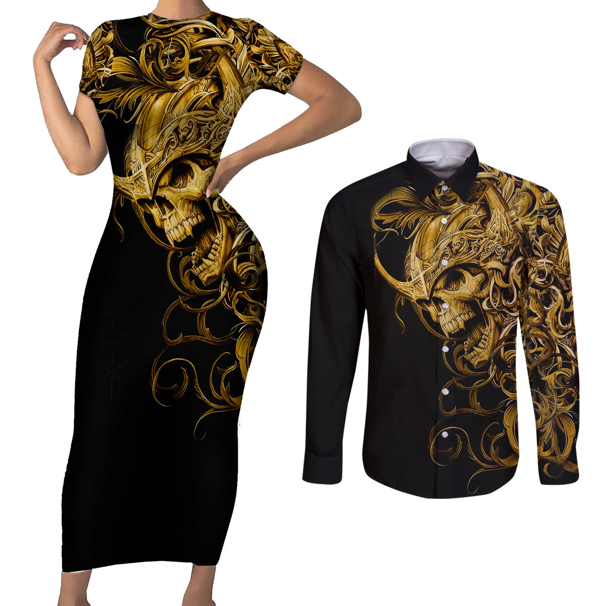 Skull Couples Matching Short Sleeve Bodycon Dress and Long Sleeve Button Shirts Golden Warrior Royal - Wonder Print Shop