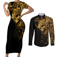 Skull Couples Matching Short Sleeve Bodycon Dress and Long Sleeve Button Shirts Golden Warrior Royal - Wonder Print Shop