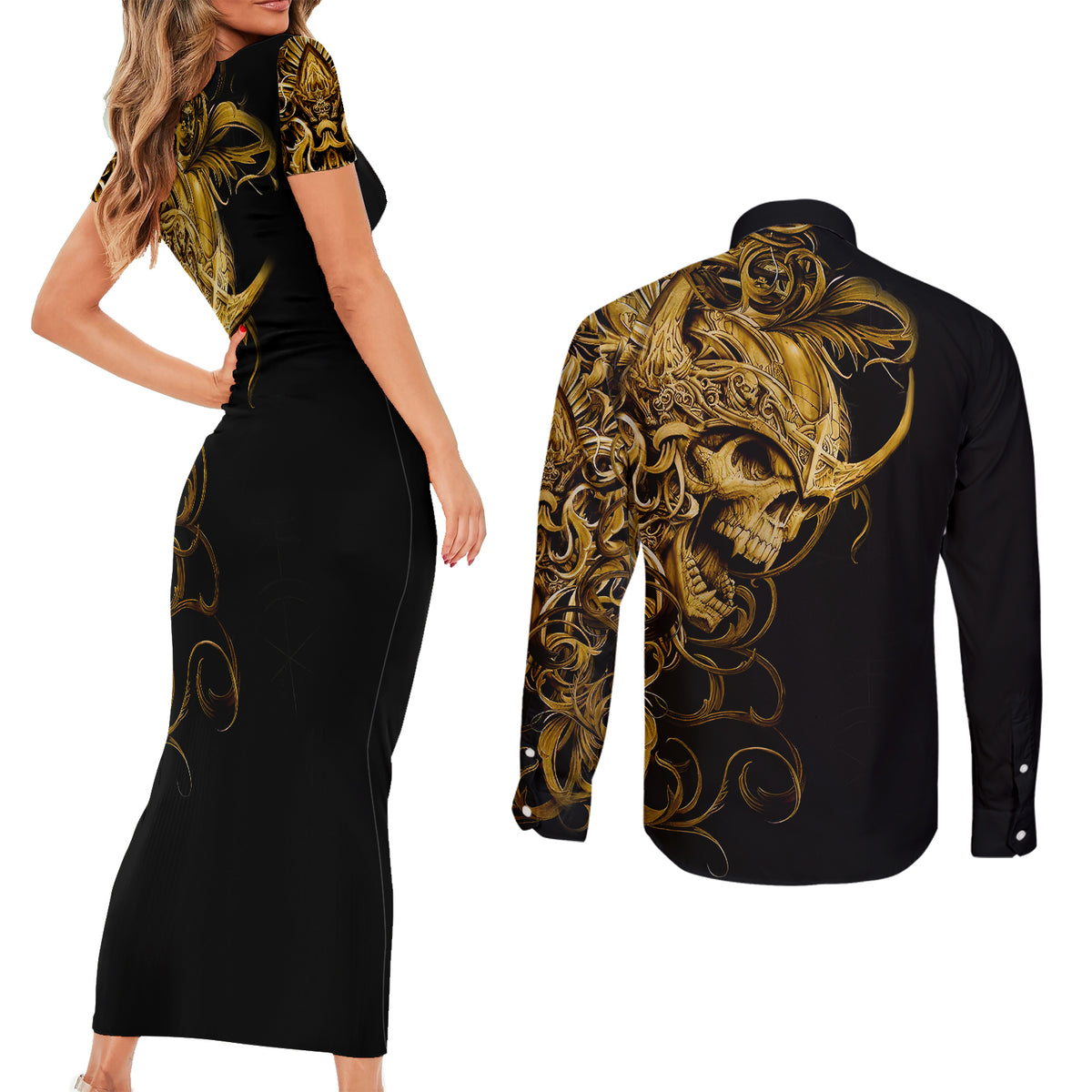 Skull Couples Matching Short Sleeve Bodycon Dress and Long Sleeve Button Shirts Golden Warrior Royal - Wonder Print Shop