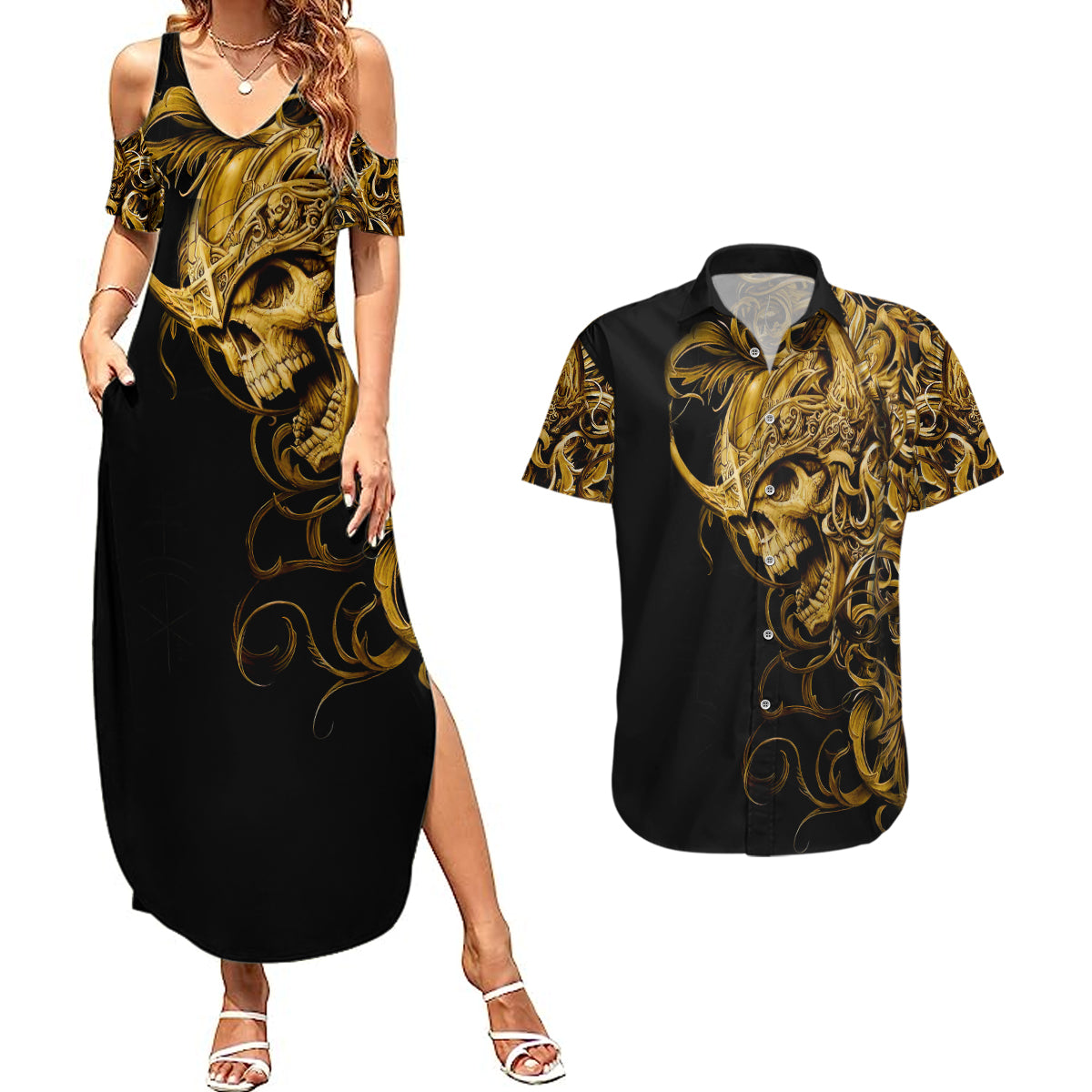 Skull Couples Matching Summer Maxi Dress and Hawaiian Shirt Golden Warrior Royal - Wonder Print Shop