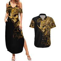 Skull Couples Matching Summer Maxi Dress and Hawaiian Shirt Golden Warrior Royal - Wonder Print Shop