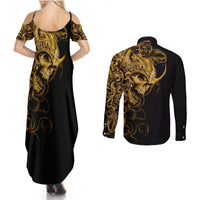 Skull Couples Matching Summer Maxi Dress and Long Sleeve Button Shirts Golden Warrior Royal - Wonder Print Shop