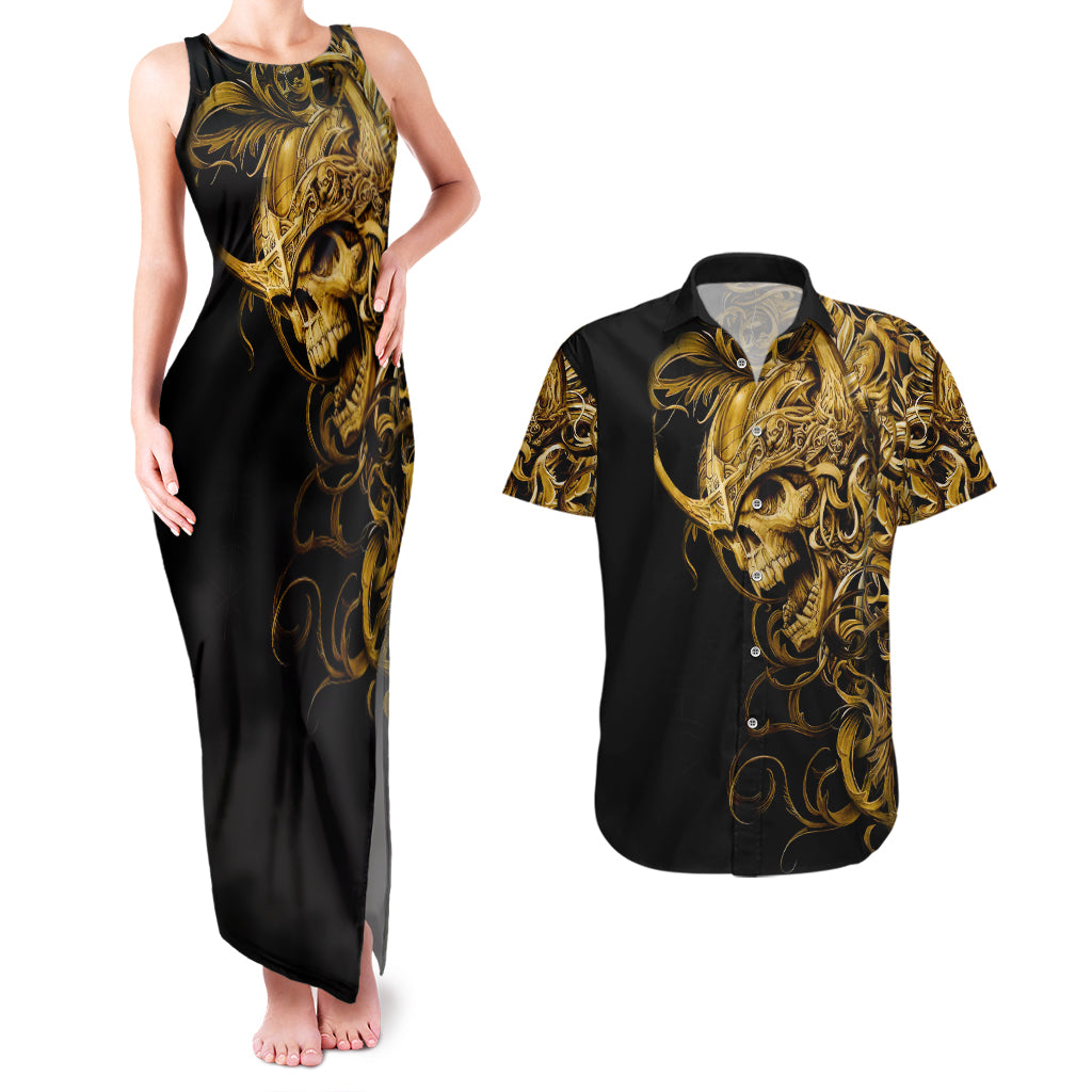 Skull Couples Matching Tank Maxi Dress And Hawaiian Shirt Golden Warrior Royal - Wonder Print Shop