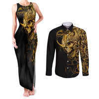 Skull Couples Matching Tank Maxi Dress and Long Sleeve Button Shirts Golden Warrior Royal - Wonder Print Shop