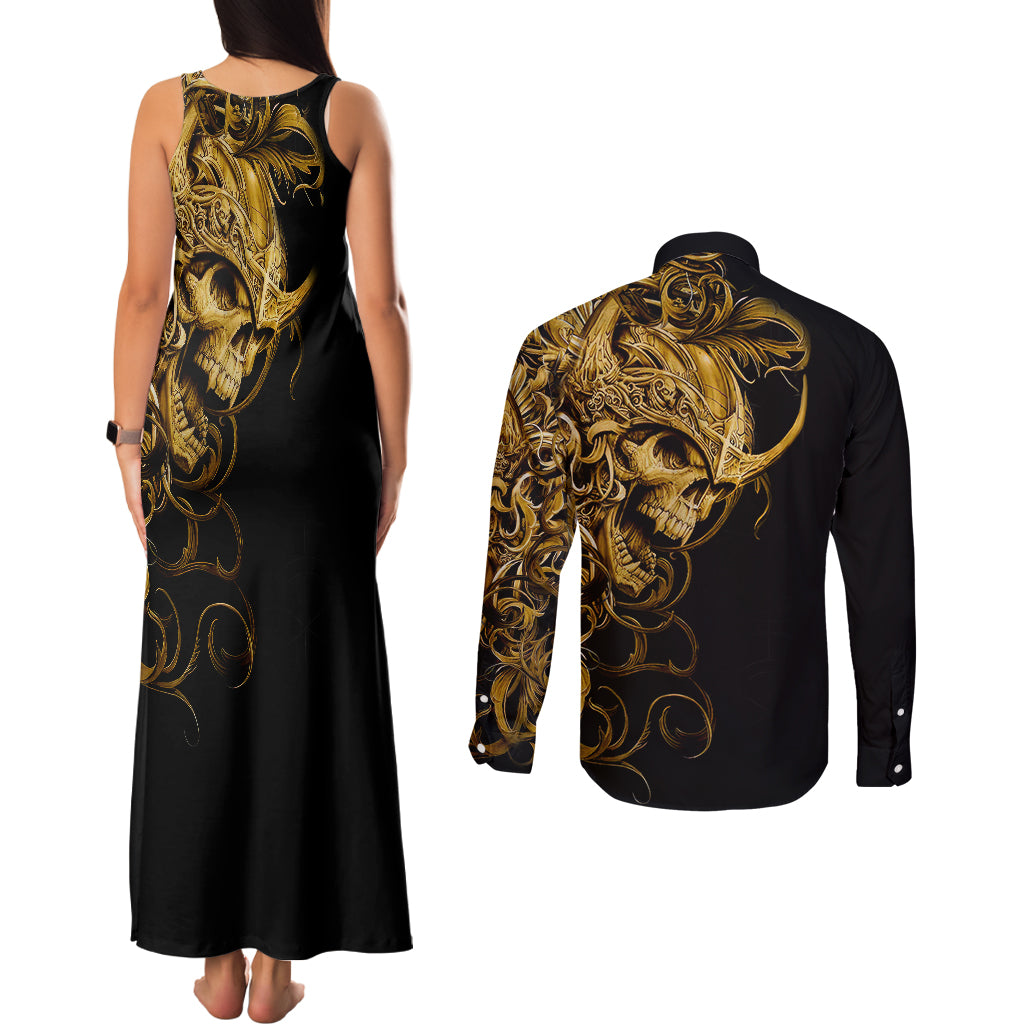 Skull Couples Matching Tank Maxi Dress and Long Sleeve Button Shirts Golden Warrior Royal - Wonder Print Shop