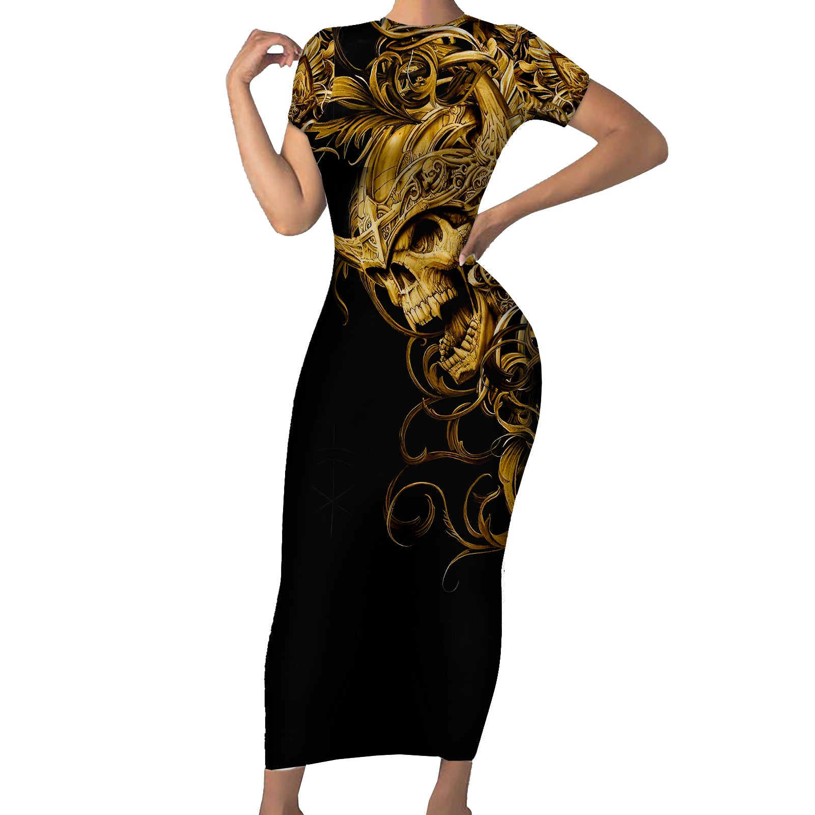Skull Short Sleeve Bodycon Dress Golden Warrior Royal - Wonder Print Shop