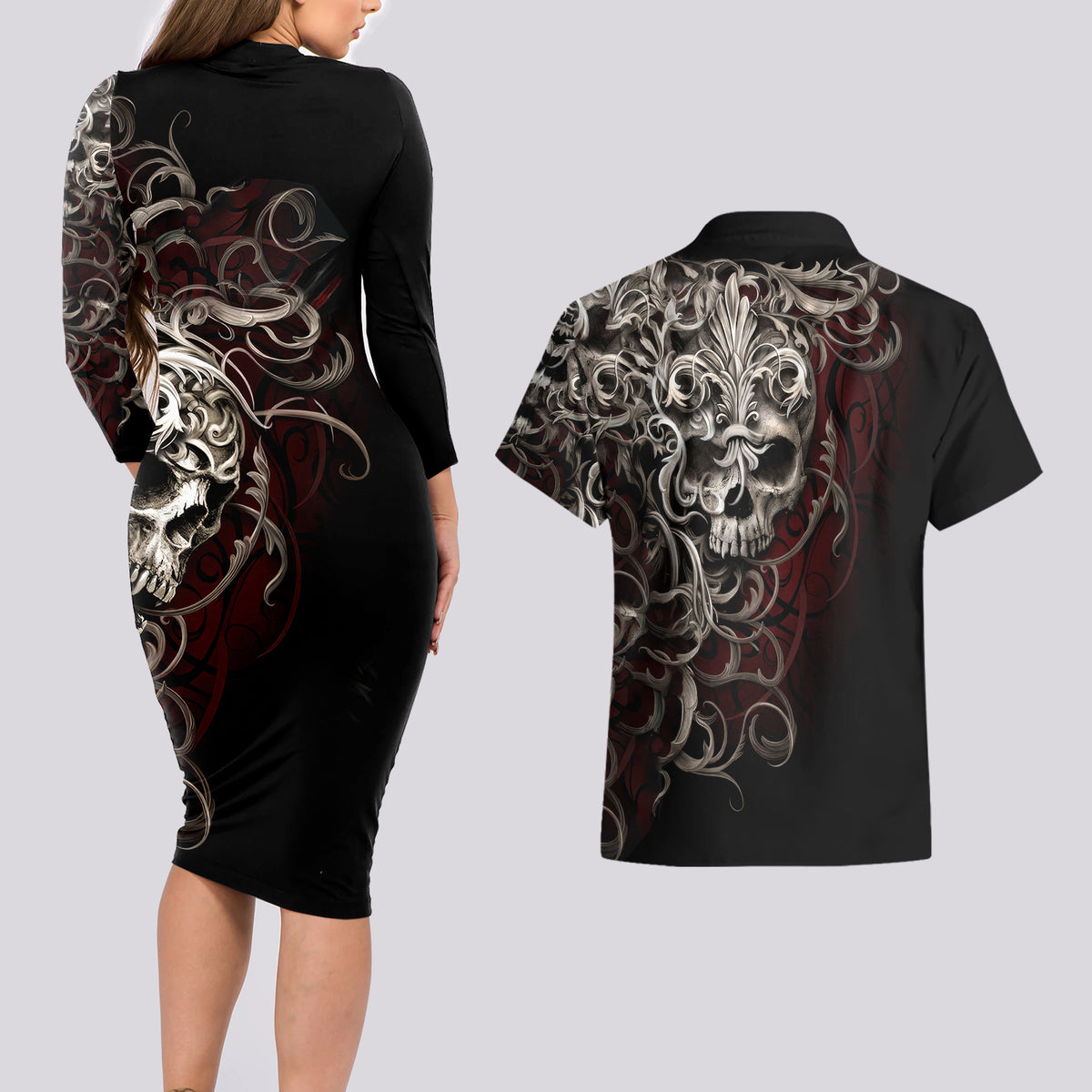 Skull Couples Matching Long Sleeve Bodycon Dress and Hawaiian Shirt Silver Warrior Royal - Wonder Print Shop