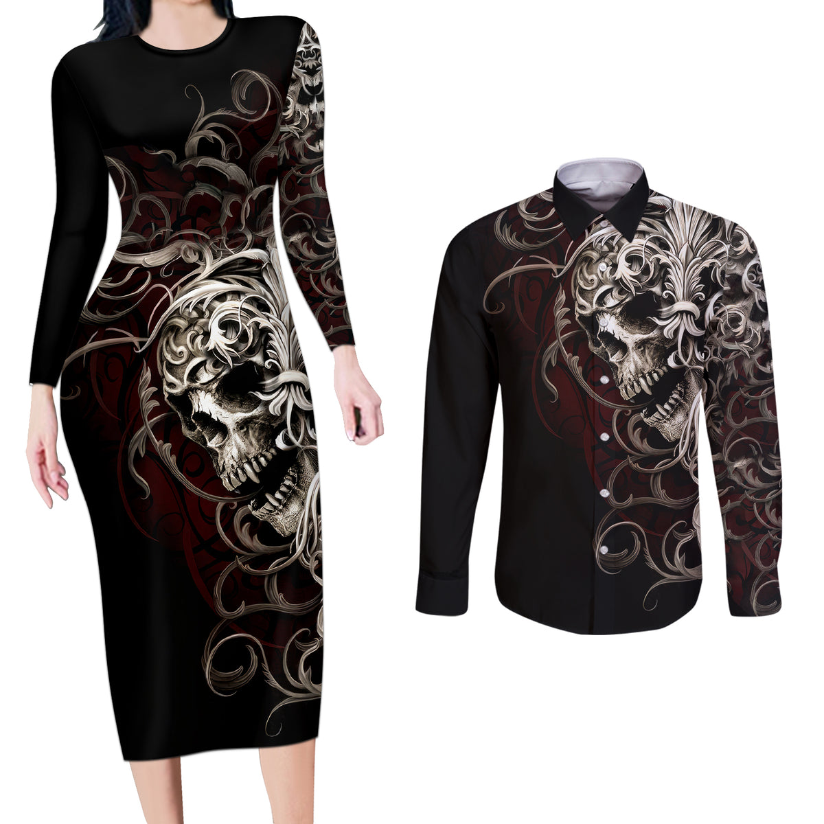 Skull Couples Matching Long Sleeve Bodycon Dress and Long Sleeve Button Shirts Silver Warrior Royal - Wonder Print Shop