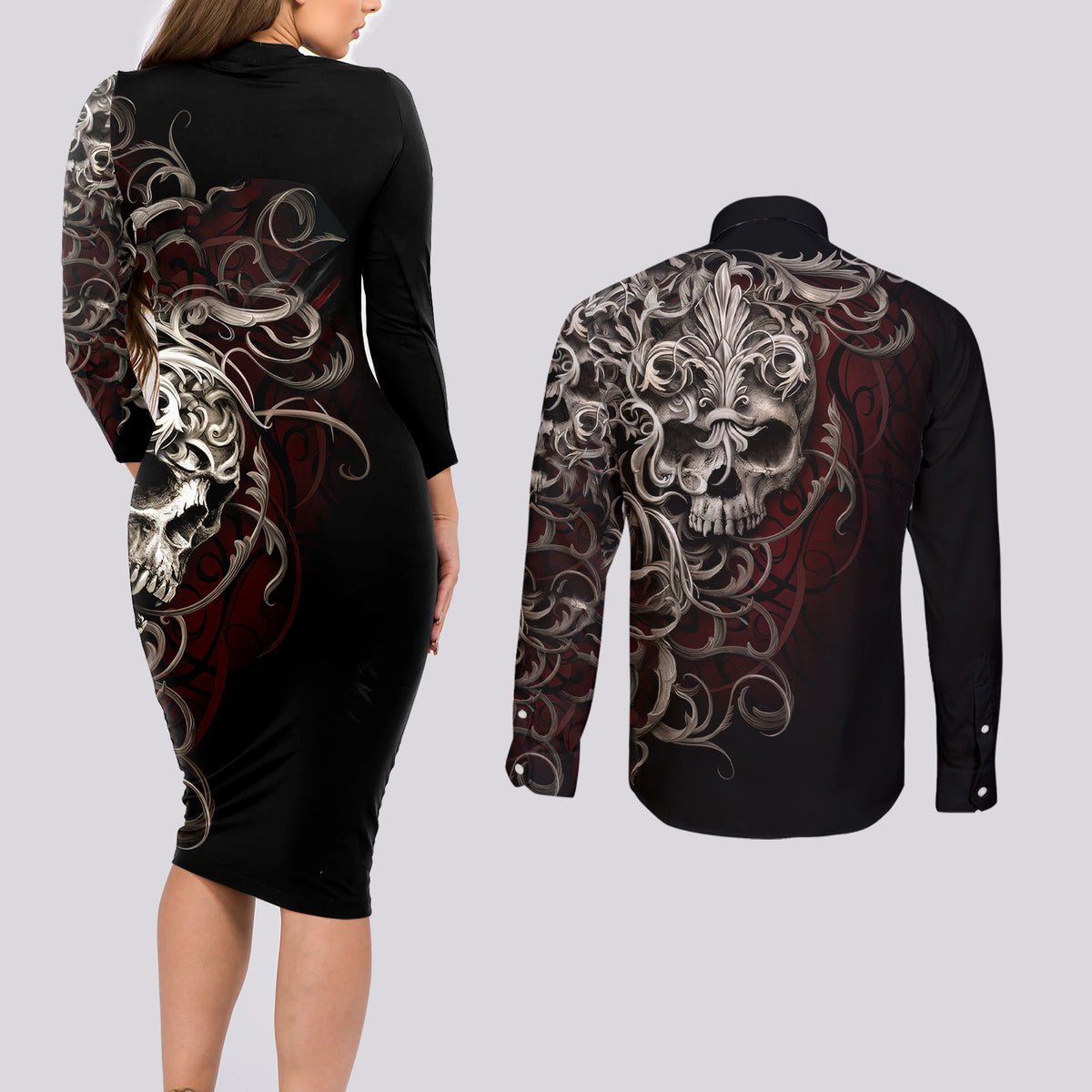 Skull Couples Matching Long Sleeve Bodycon Dress and Long Sleeve Button Shirts Silver Warrior Royal - Wonder Print Shop