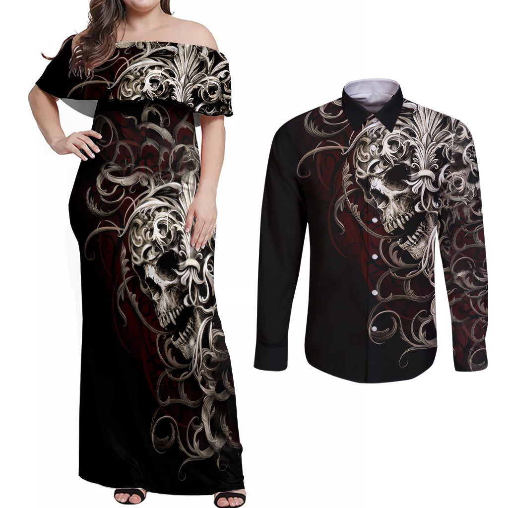 Skull Couples Matching Off Shoulder Maxi Dress and Long Sleeve Button Shirts Silver Warrior Royal - Wonder Print Shop