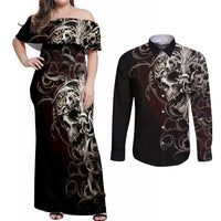 Skull Couples Matching Off Shoulder Maxi Dress and Long Sleeve Button Shirts Silver Warrior Royal - Wonder Print Shop