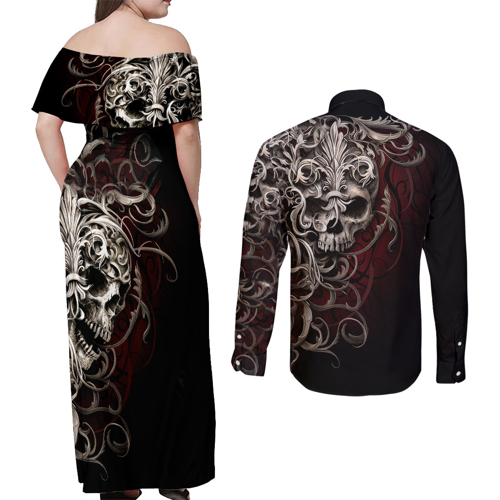 Skull Couples Matching Off Shoulder Maxi Dress and Long Sleeve Button Shirts Silver Warrior Royal - Wonder Print Shop
