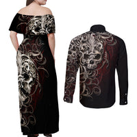 Skull Couples Matching Off Shoulder Maxi Dress and Long Sleeve Button Shirts Silver Warrior Royal - Wonder Print Shop