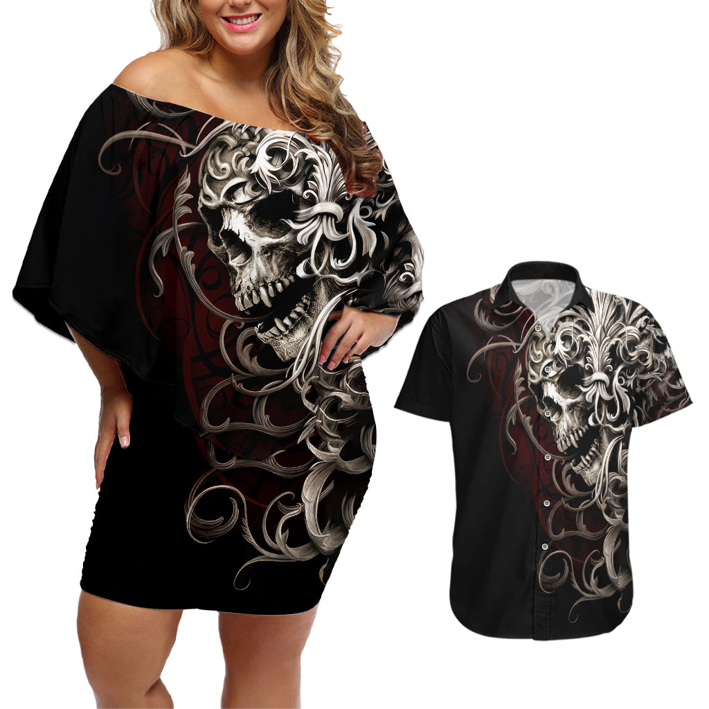 Skull Couples Matching Off Shoulder Short Dress and Hawaiian Shirt Silver Warrior Royal - Wonder Print Shop