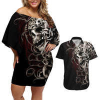 Skull Couples Matching Off Shoulder Short Dress and Hawaiian Shirt Silver Warrior Royal - Wonder Print Shop