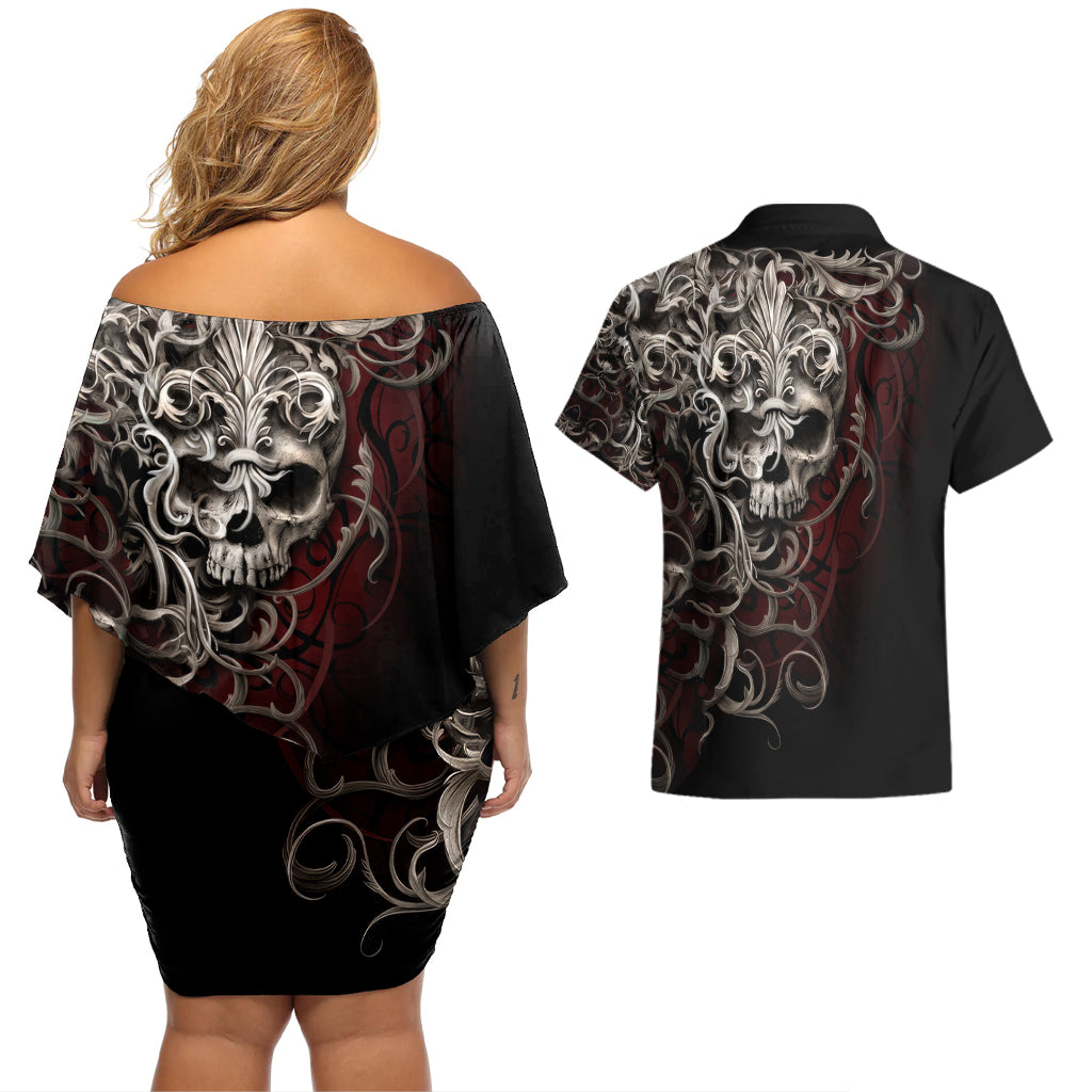 Skull Couples Matching Off Shoulder Short Dress and Hawaiian Shirt Silver Warrior Royal - Wonder Print Shop