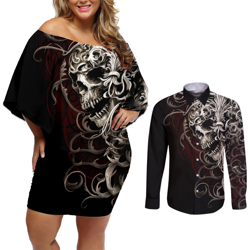 Skull Couples Matching Off Shoulder Short Dress and Long Sleeve Button Shirts Silver Warrior Royal - Wonder Print Shop