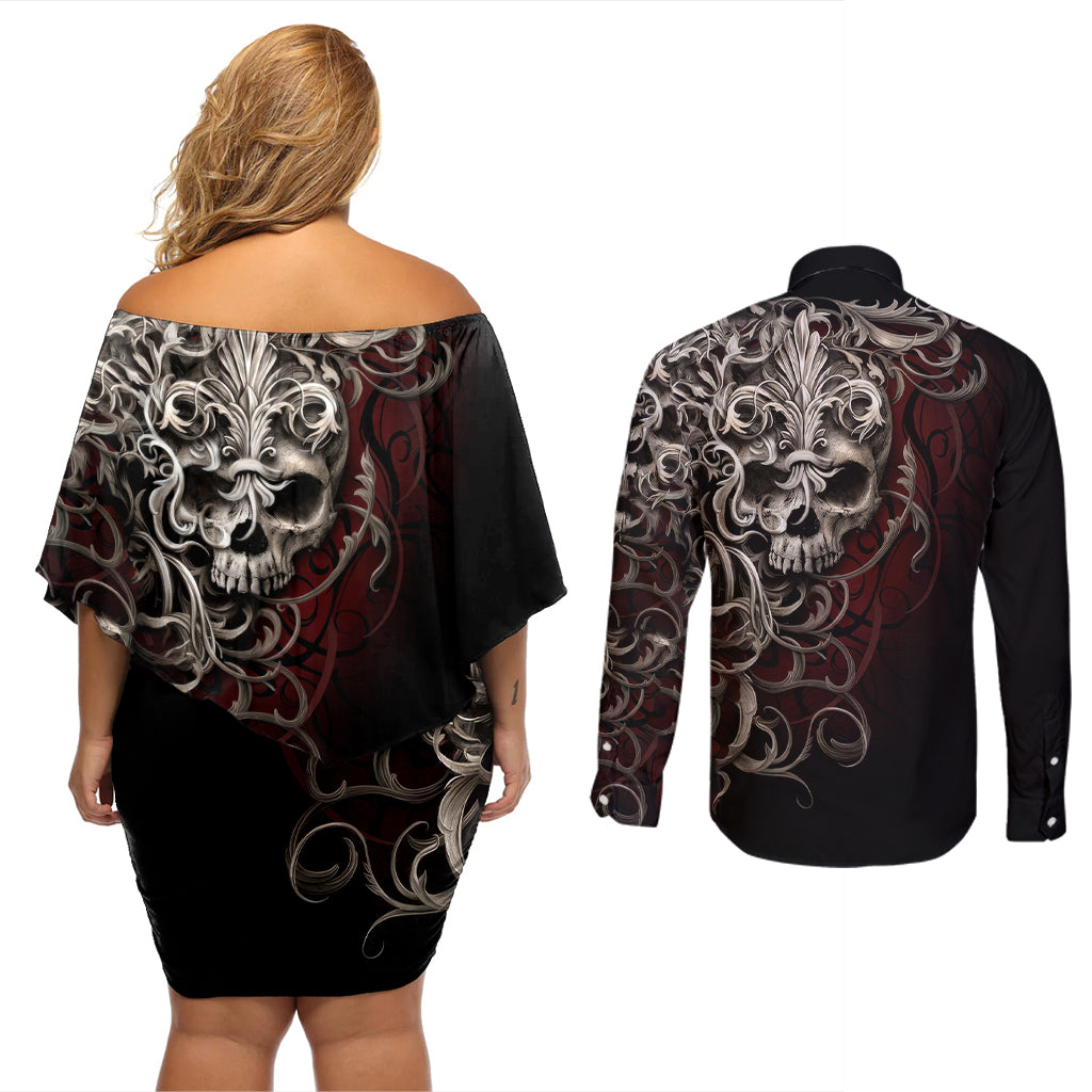 Skull Couples Matching Off Shoulder Short Dress and Long Sleeve Button Shirts Silver Warrior Royal - Wonder Print Shop