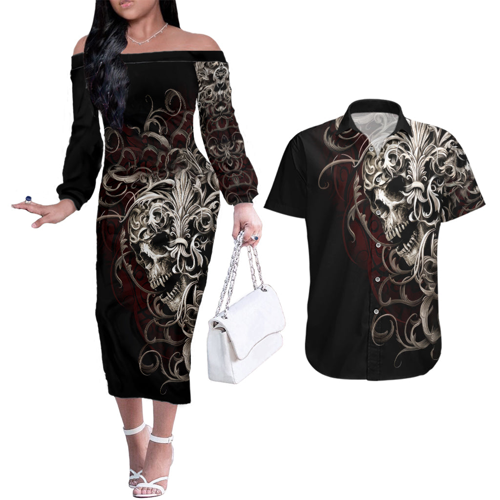 Skull Couples Matching Off The Shoulder Long Sleeve Dress and Hawaiian Shirt Silver Warrior Royal - Wonder Print Shop