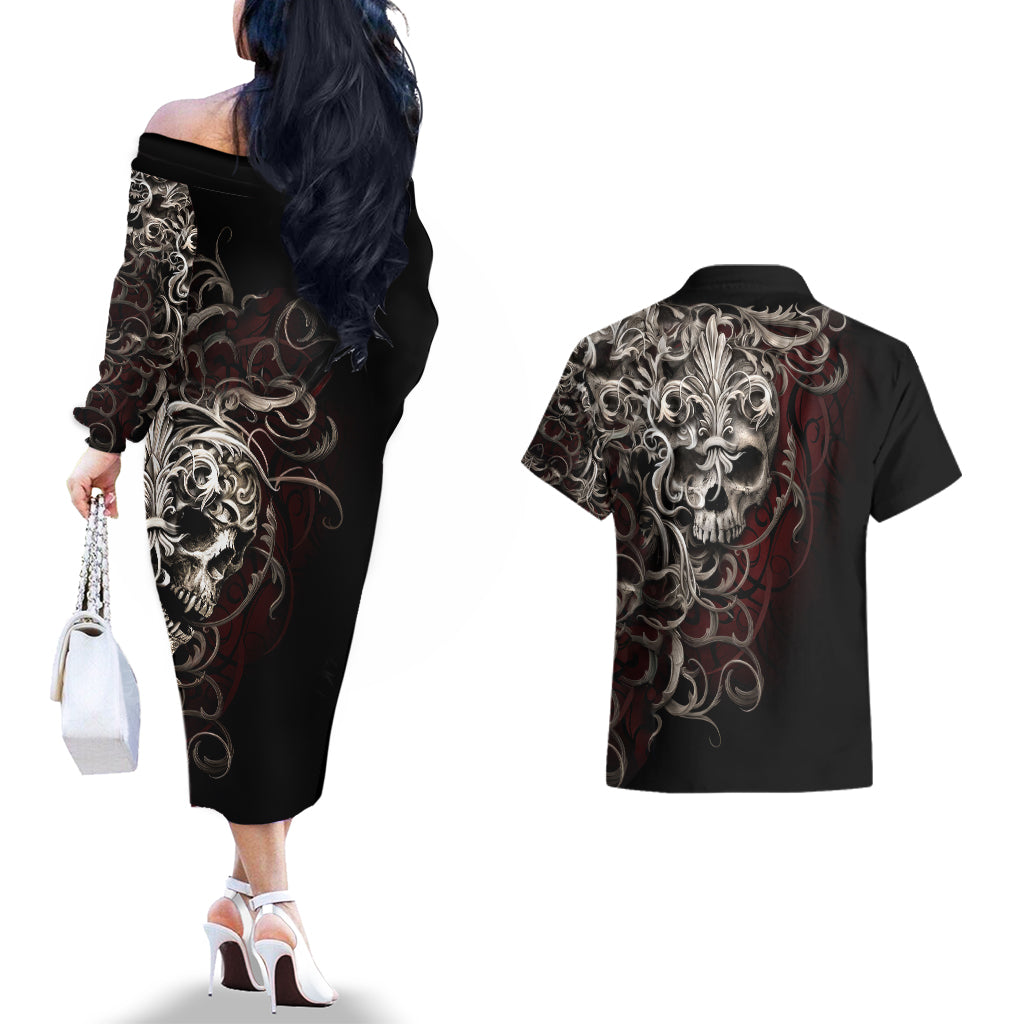 Skull Couples Matching Off The Shoulder Long Sleeve Dress and Hawaiian Shirt Silver Warrior Royal - Wonder Print Shop