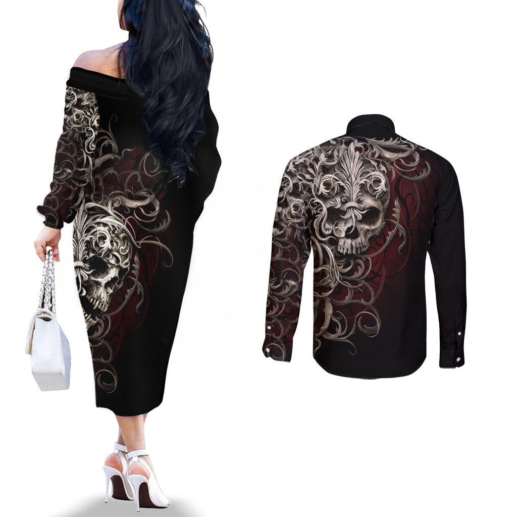 skull-couples-matching-off-the-shoulder-long-sleeve-dress-and-long-sleeve-button-shirts-silver-warrior-royal