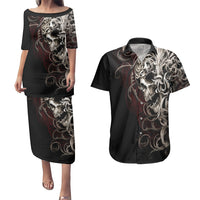 Skull Couples Matching Puletasi Dress and Hawaiian Shirt Silver Warrior Royal - Wonder Print Shop