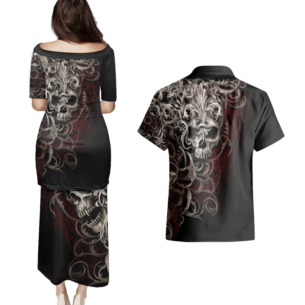Skull Couples Matching Puletasi Dress and Hawaiian Shirt Silver Warrior Royal - Wonder Print Shop