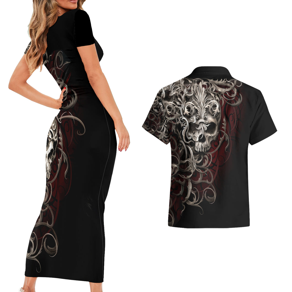 Skull Couples Matching Short Sleeve Bodycon Dress and Hawaiian Shirt Silver Warrior Royal - Wonder Print Shop