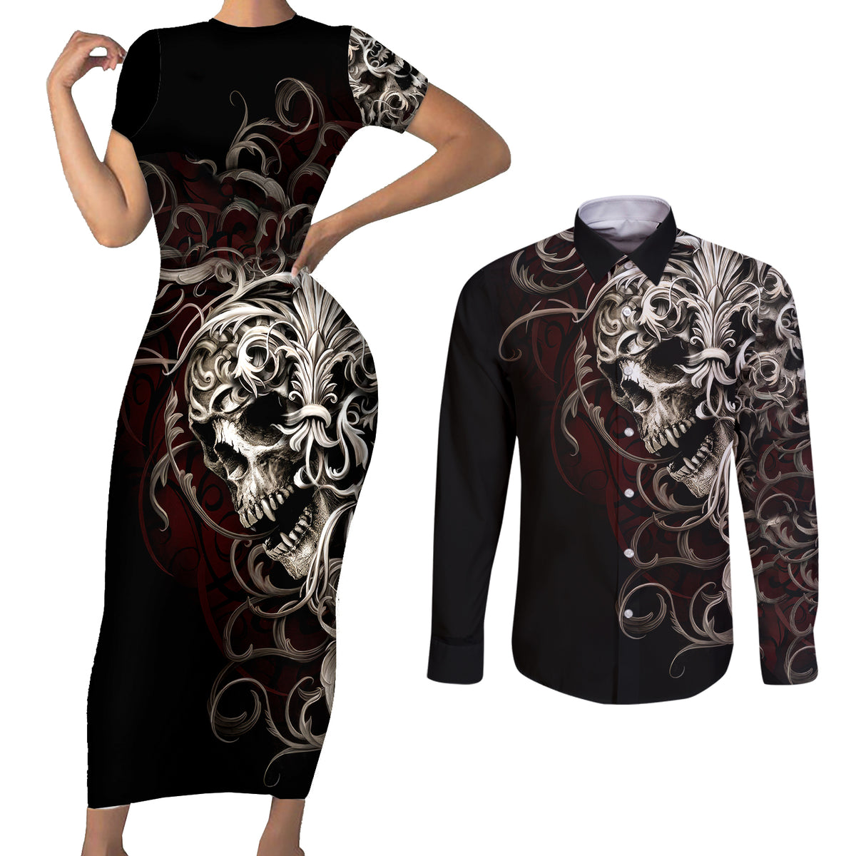 Skull Couples Matching Short Sleeve Bodycon Dress and Long Sleeve Button Shirts Silver Warrior Royal - Wonder Print Shop