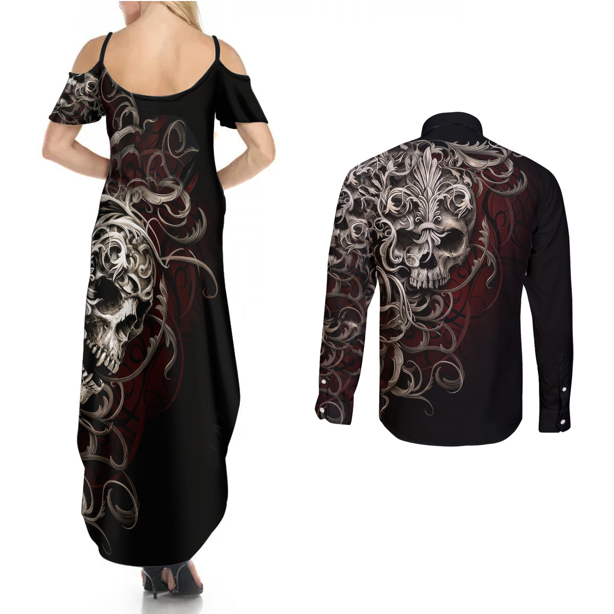 Skull Couples Matching Summer Maxi Dress and Long Sleeve Button Shirts Silver Warrior Royal - Wonder Print Shop