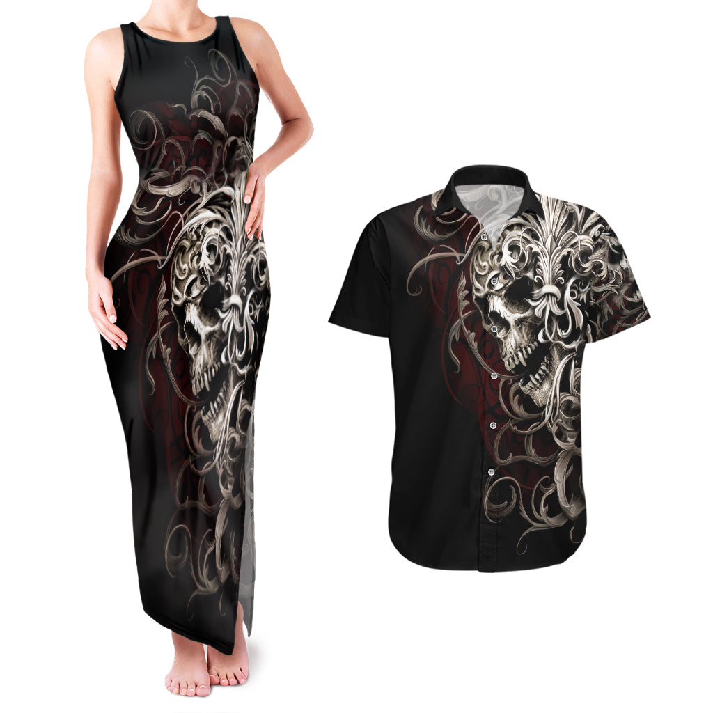 Skull Couples Matching Tank Maxi Dress And Hawaiian Shirt Silver Warrior Royal - Wonder Print Shop