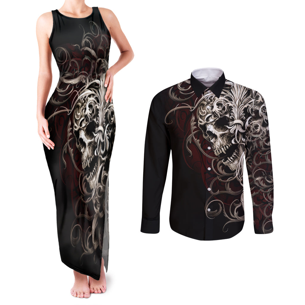 Skull Couples Matching Tank Maxi Dress and Long Sleeve Button Shirts Silver Warrior Royal - Wonder Print Shop