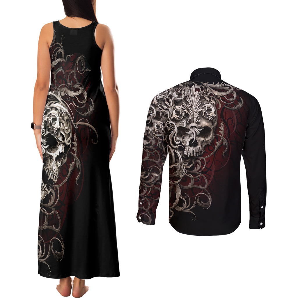 Skull Couples Matching Tank Maxi Dress and Long Sleeve Button Shirts Silver Warrior Royal - Wonder Print Shop
