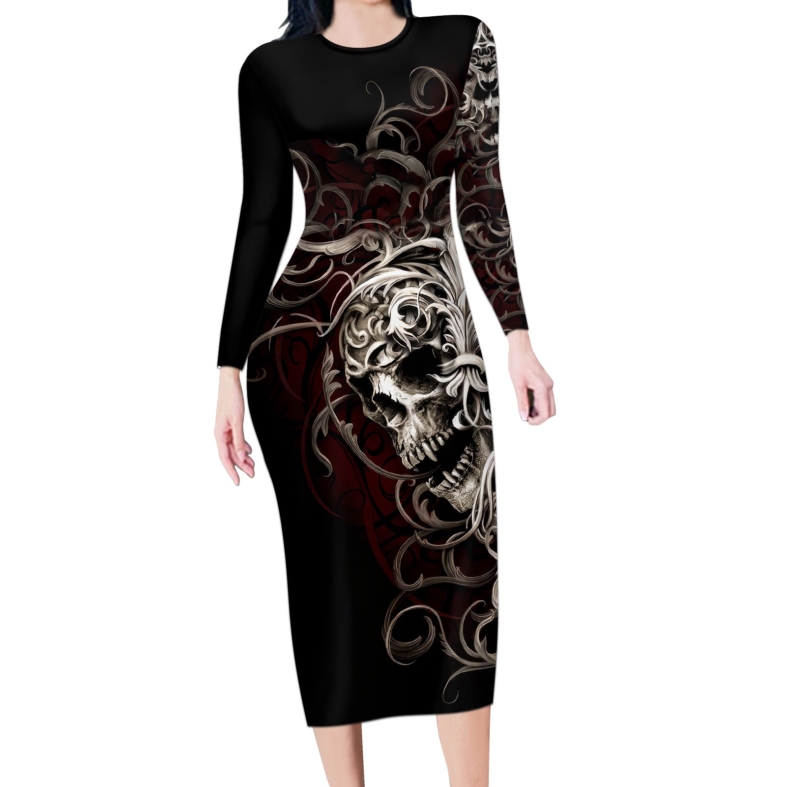 Skull Long Sleeve Bodycon Dress Silver Warrior Royal - Wonder Print Shop