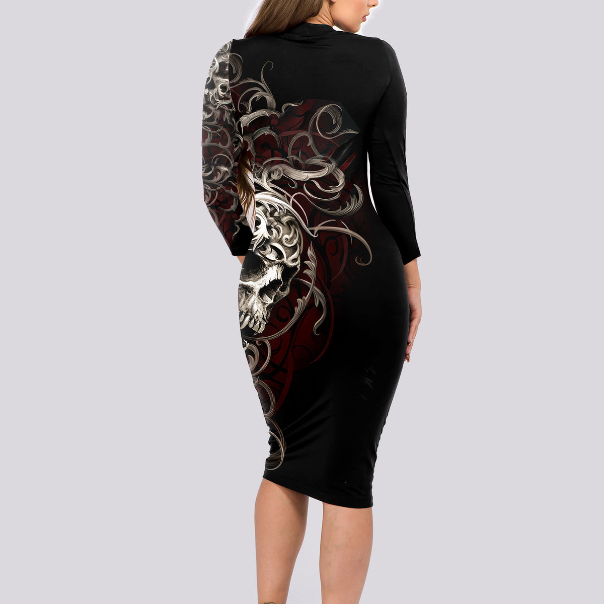 Skull Long Sleeve Bodycon Dress Silver Warrior Royal - Wonder Print Shop